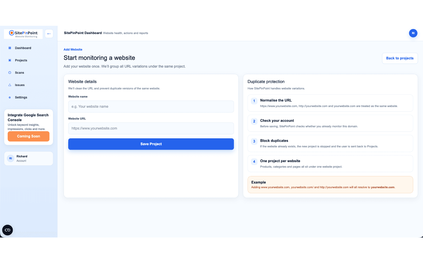 SitePinPoint screen for adding a website to monitor